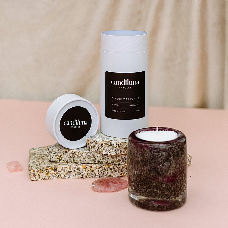 Candiluna Candle Wax Pearls with Glassware open